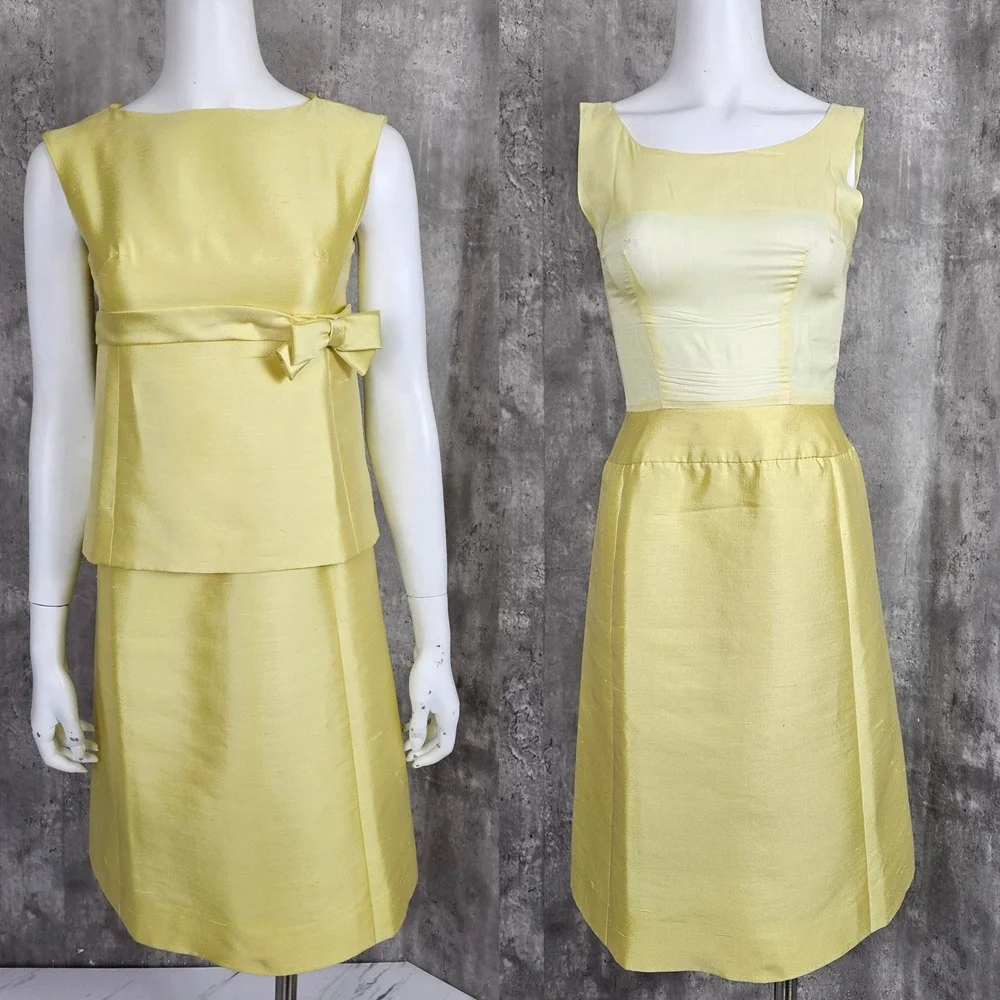 Vintage 60s Joan Leslie By Kasper Yellow Dress‎ Set Sleeveless Bow Detail